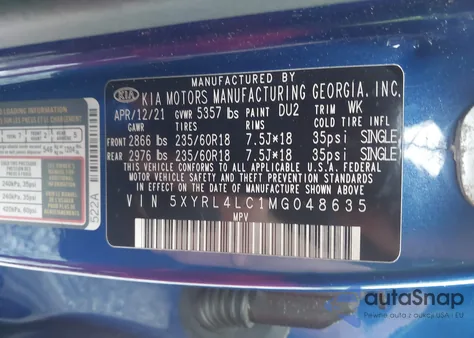 2021 Kia Sorento S z USA, uszkodzony, nr VIN 5XYRL4LC1MG048635